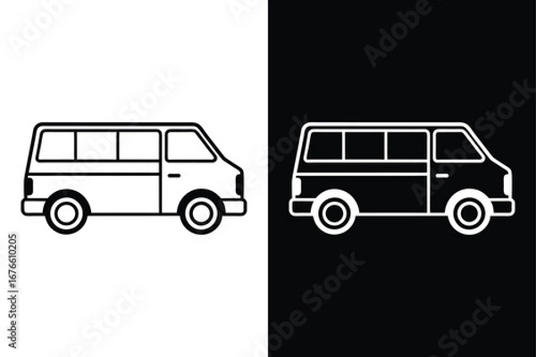 Obraz Black and White Minivan Line Drawing. Clean Vector Icon Design