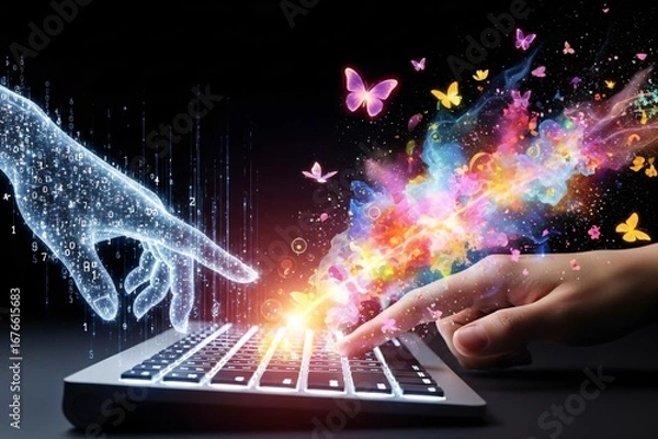 Obraz Digital creativity emerges from code onto a vibrant, colorful spectrum