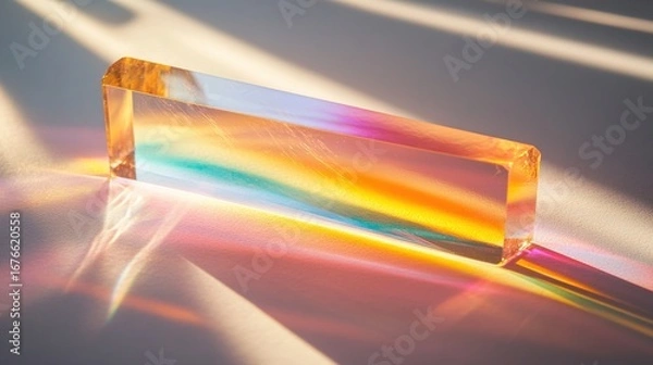 Obraz Close-up of glowing prism refracting sunlight into vibrant color bands on minimalist white surface, symbolizing wireless frequency allocation and spectrum analysis.

