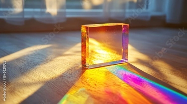 Obraz Close-up of glowing prism refracting sunlight into vibrant color bands on minimalist white surface, symbolizing wireless frequency allocation and spectrum analysis.
