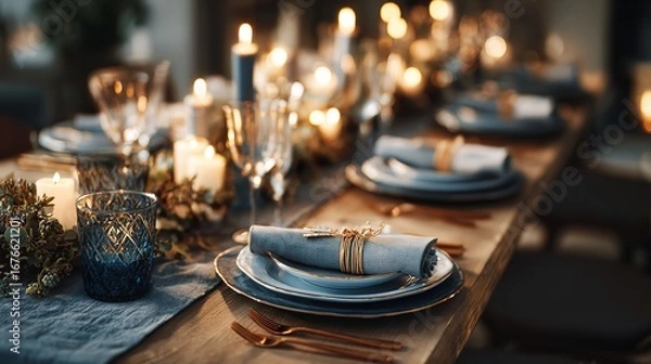 Obraz Elegant Rustic Thanksgiving Table Setting: Candles, Dinnerware, & Autumn Decor