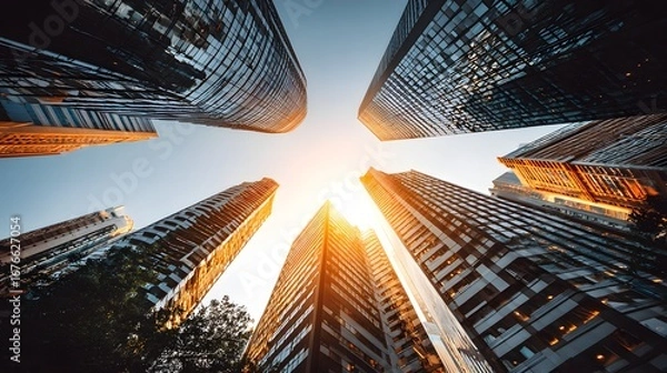 Fototapeta A low angle view of modern skyscrapers rising towards a vibrant, golden sunset sky.