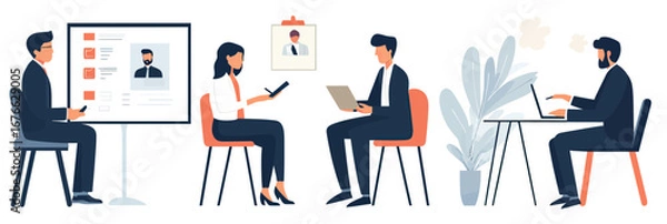 Fototapeta Human resources recruitment process with interviewer reviewing candidate profiles digital presentation and job applicant using laptop in modern office workspace flat vector illustration