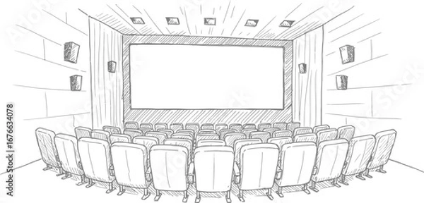 Fototapeta A sketch of a movie theater with rows of chairs and a large screen on transparent background