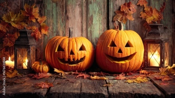 Fototapeta A Festive Autumn Display Featuring Jack-o'-Lanterns, Colorful Leaves, and Rustic Lanterns for a Spooky Halloween Ambiance