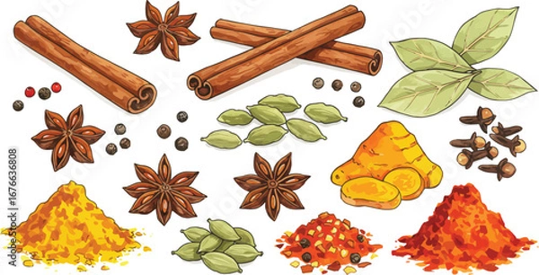 Fototapeta Assorted spices and herbs for cooking and flavoring food on transparent background