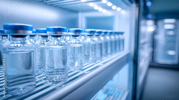 Fototapeta Glass vials containing transparent liquid standing on shelf in refrigerator