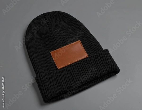 Obraz Minimalist Knitted Beanie Hat with Customizable Leather Patch Mockup Template