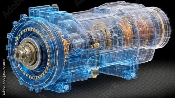 Fototapeta Futuristic 3D Transparent Blueprint of Industrial Engine Showing Gears, Shafts, and Mechanical Parts in Detailed Engineering Design
