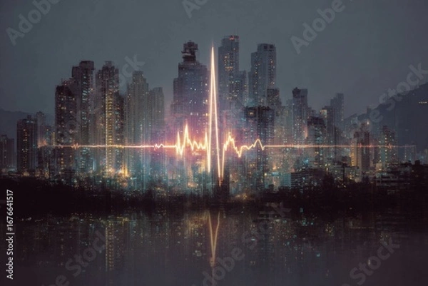 Fototapeta Double exposure of city life and health visuals. Health awareness. Regular health checks: a smart investment in your wellbeing. Health priorities. Check-up schedule.