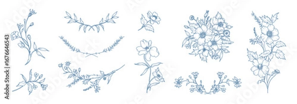 Fototapeta Collection of floral elegant thin hand drawn design elements. Flowers, stems, herbs, greenery. Floral frame in line style. Vector illustration for wedding invitation, save the date, logo, tattoo, card