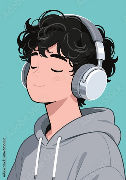 Fototapeta Person listening to music with headphones on