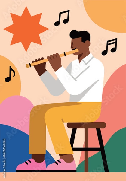 Fototapeta Man playing the flute with musical notes and a star in colorful setting.
