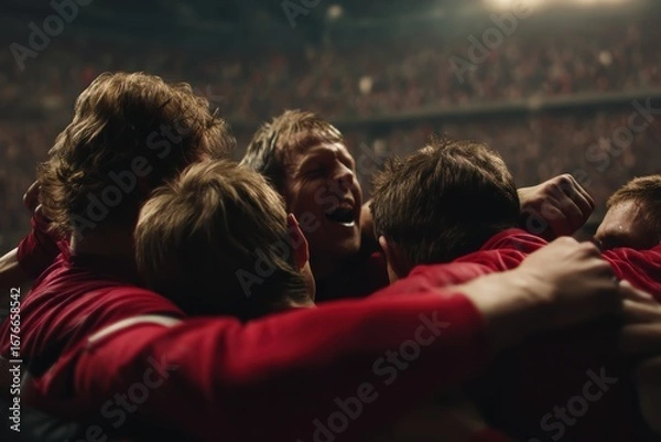 Obraz A group of athletes in red jerseys celebrate together in a stadium, embracing passionately amid a cheering crowd