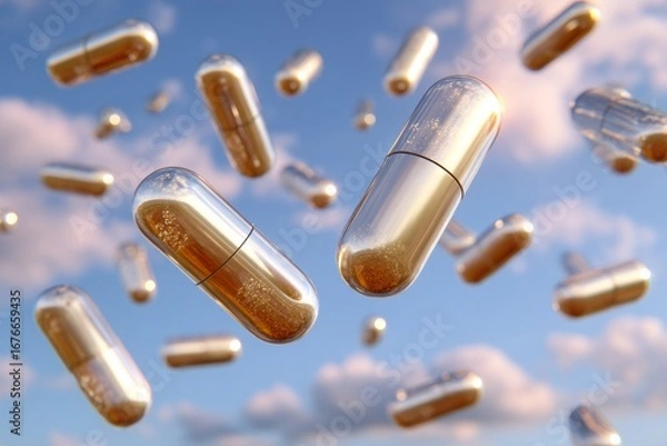 Fototapeta Innovative therapies visualized as floating capsules. Modern therapies. Groundbreaking research identifies unique crohn's disease biomarkers. Unique signatures. Biological insights.