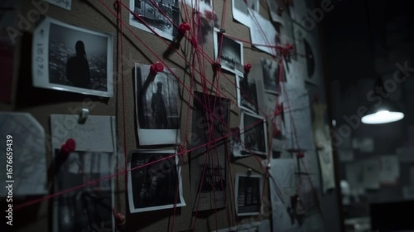 Fototapeta A dark room features a corkboard covered with photos, notes, and red string, suggesting an investigation or conspiracy analysis