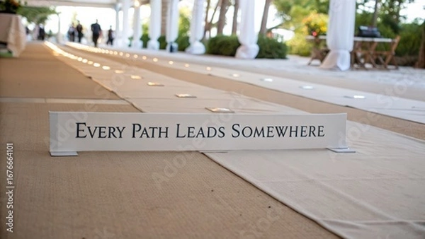 Fototapeta Inspirational sign on a pathway in a lightly decorated outdoor setting