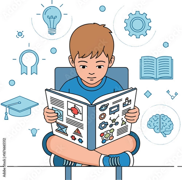 Fototapeta Boy reading book with educational illustrations. Learning, knowledge, creativity, education, studying, child, student, success, smart, development, wisdom.