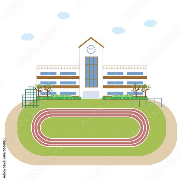 Obraz 学校の校舎と大きなグランドのあるイラスト