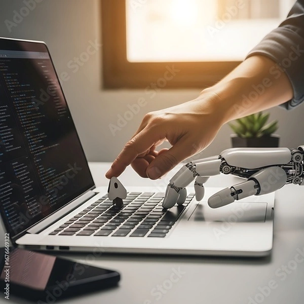 Obraz A human hand interacting with a robotic arm at a laptop