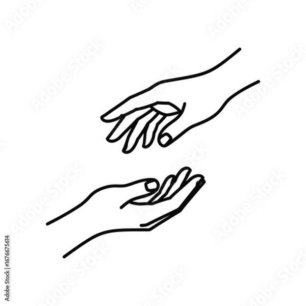Fototapeta Helping Hands: A minimalist sketch illustrates two hands interacting, one reaching out and the other offering a gesture of support and assistance, evoking the essence of care and solidarity.