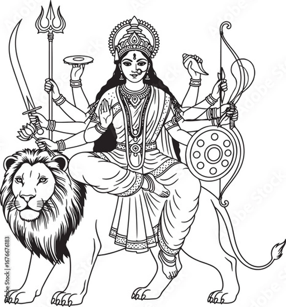 Fototapeta Goddess Durga Riding a Lion in Line Art Style Keywords: Durga, lion, Hindu goddess, warrior, divine