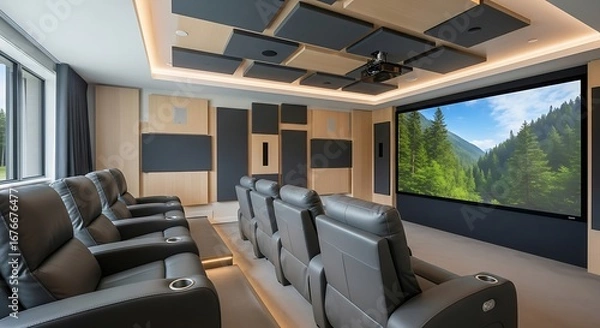 Fototapeta Luxury modern home cinema room featuring plush leather recliners, a large projection screen, and custom acoustic paneling for an immersive movie experience.