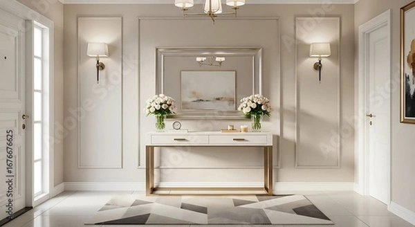Fototapeta A luxurious and elegant entryway featuring a gold-framed console table with fresh flowers, a decorative mirror, and sophisticated wall paneling. Perfect for modern classic home decor inspiration.