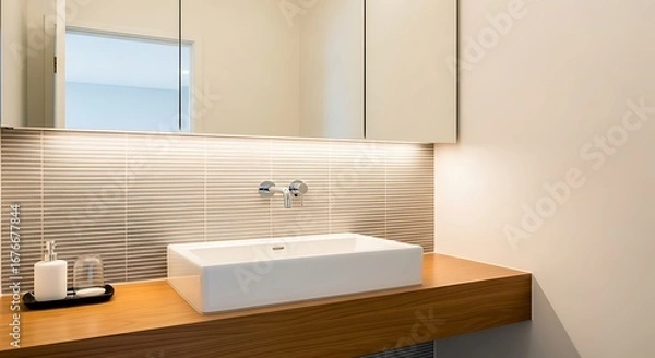 Fototapeta Modern bathroom vanity with a rectangular white sink, wall-mounted chrome faucet, warm wooden countertop, textured tiled backsplash, and integrated lighting. Contemporary home interior design.