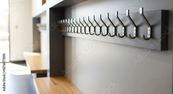 Fototapeta Sleek, modern metal coat hooks mounted on a grey wall above a light wooden bench in a minimalist entryway. Perfect for stylish home or office organization.