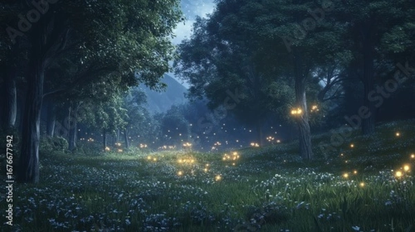 Obraz A serene forest at dusk, illuminated by glowing fireflies among vibrant greenery and wildflowers.