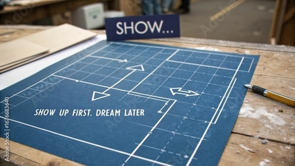 Obraz Blueprint with motivational phrase on workspace surface
