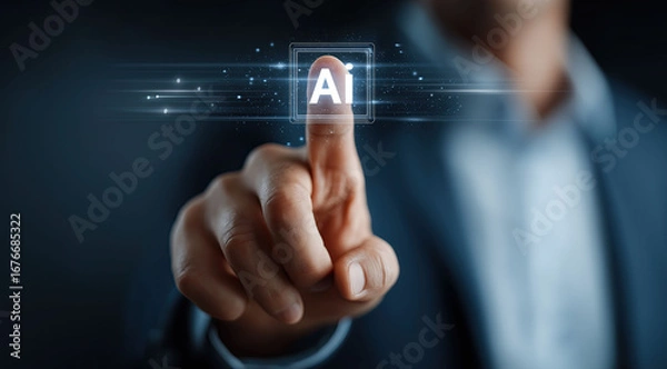 Fototapeta Finger activates glowing AI symbol within high-tech interface display system.