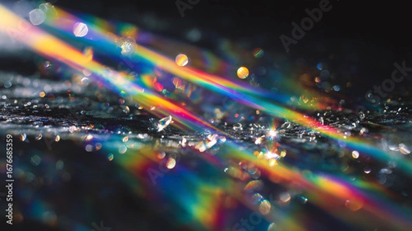 Fototapeta A close up of rainbow colored light streaks and bokeh on a dark surface with water drops