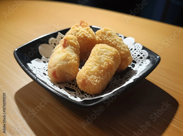 Fototapeta Crispy Deep-Fried Spring Rolls on a Black Background