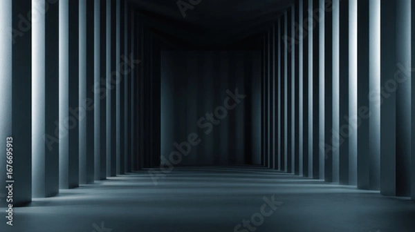 Fototapeta An abstract dark room with vertical pillars forming a geometric pattern, showcasing minimalist and modern architectural design.