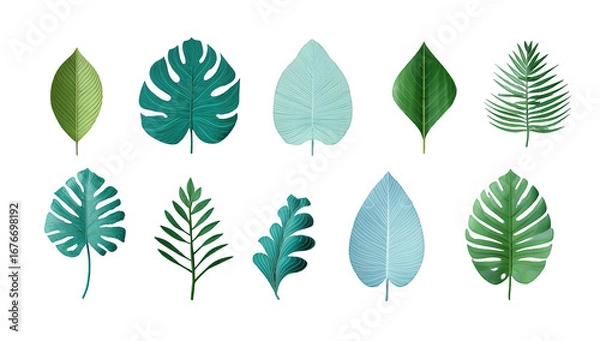 Fototapeta Collection of stylized tropical leaves in various shades of teal and green