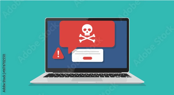 Fototapeta Laptop screen showing a skull and crossbones icon in a red speech bubble, indicating a virus or malware warning.