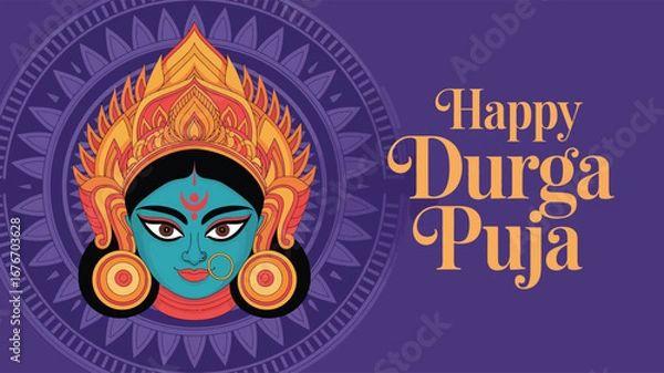 Fototapeta Happy Durga Puja illustration with Goddess Durga’s face, floral mandala, trident symbol, and festive typography on purple background