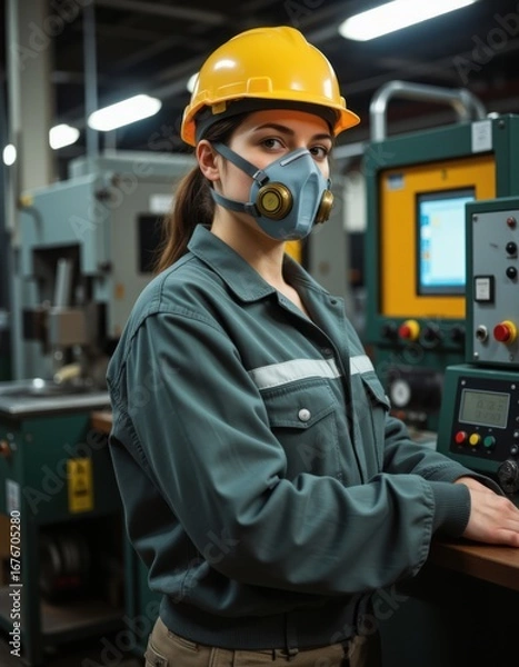 Obraz Portrait of female technician engineer control machines in the factory on a business day confident worker wearing particulate respirator mask with hard hat concept of industrial manufacturing Profe