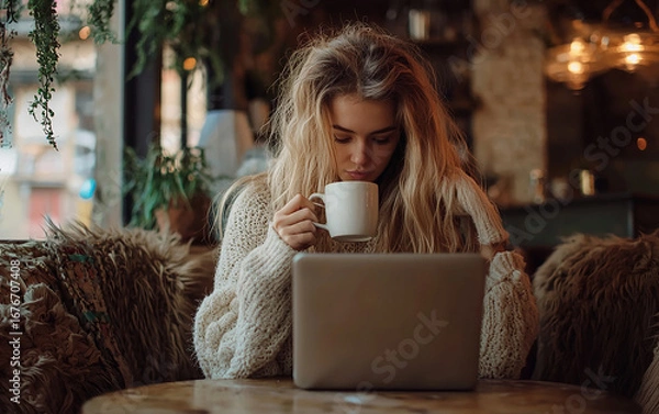 Fototapeta woman in cafe. Generative AI.