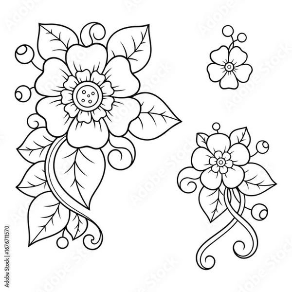 Fototapeta Set of Mehndi flower pattern for Henna drawing and tattoo. Decoration in ethnic oriental, Indian style. Doodle ornament. Outline hand draw vector illustration.
