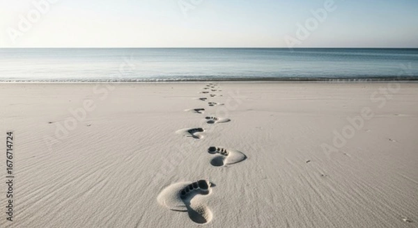 Fototapeta Footprints in the sand leading towards the ocean on a clear day beach