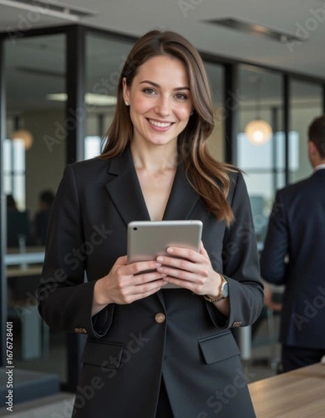 Obraz App portrait and tablet with business woman in office for learning reading or research internet software or technology and smile of professional employee in corporate workplace for email feedback