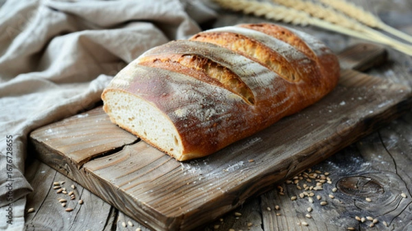 Fototapeta A golden brown artisanal loaf rests on a wooden cutting board surrounded by sprigs of fresh herbs. The rustic kitchen ambiance adds warmth to the inviting scene, generative ai