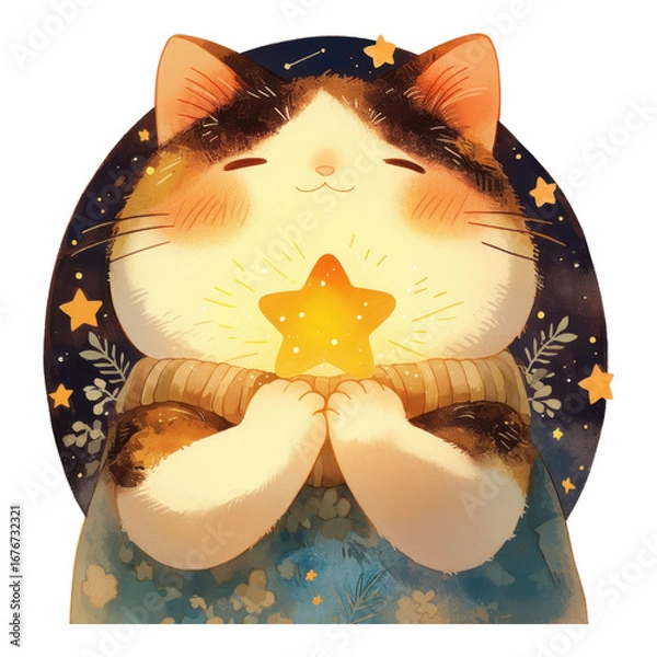 Obraz Joyful cat embracing a star digital artwork whimsical environment cozy viewpoint cute concept