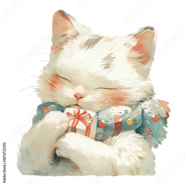 Obraz Cozy cat embracing gift indoor setting illustration warm environment close-up view playful concept