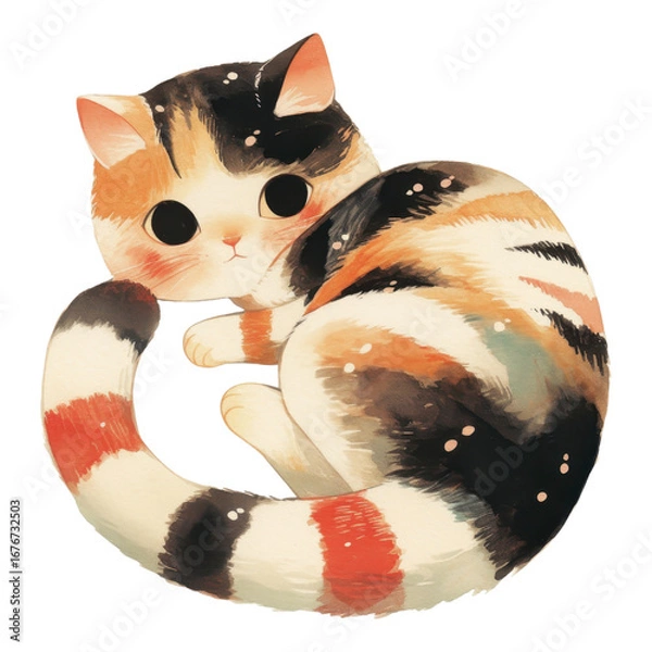 Obraz Playful calico cat illustration digital art cozy home setting colorful and whimsical design