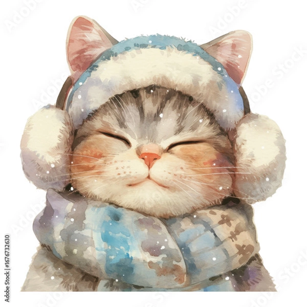 Obraz Happy cat in winter gear cozy indoor setting digital illustration warm atmosphere adorable perspective