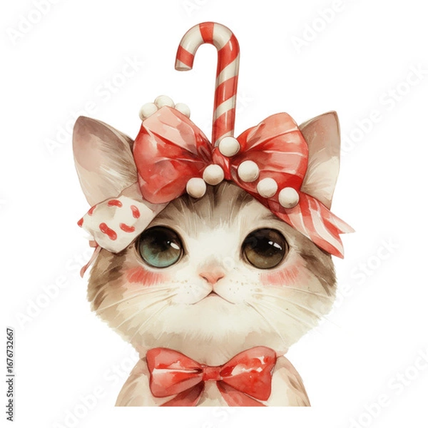 Obraz Festive cat with candy cane holiday theme digital art cheerful environment close-up view cute concept